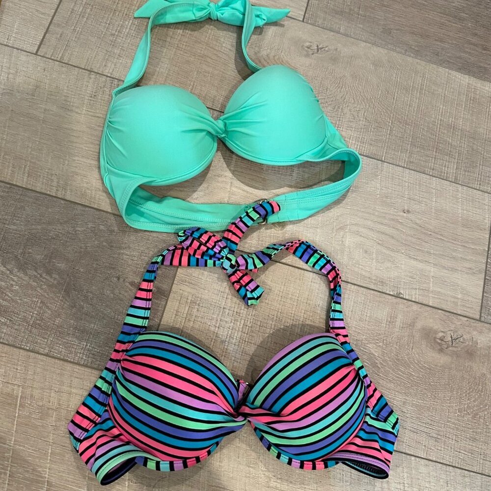 TAHITI WOMENS SMALL BIKINI TOPS GREEN AND STRIPED 2 SWIM TOPS